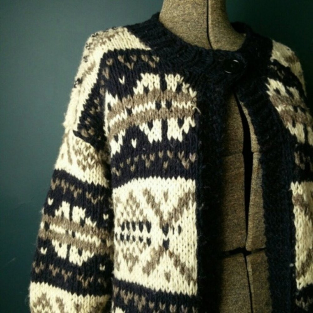 Handmade Vintage Fair Isle knit 100% wool open front Cowichan cardigan jacket M